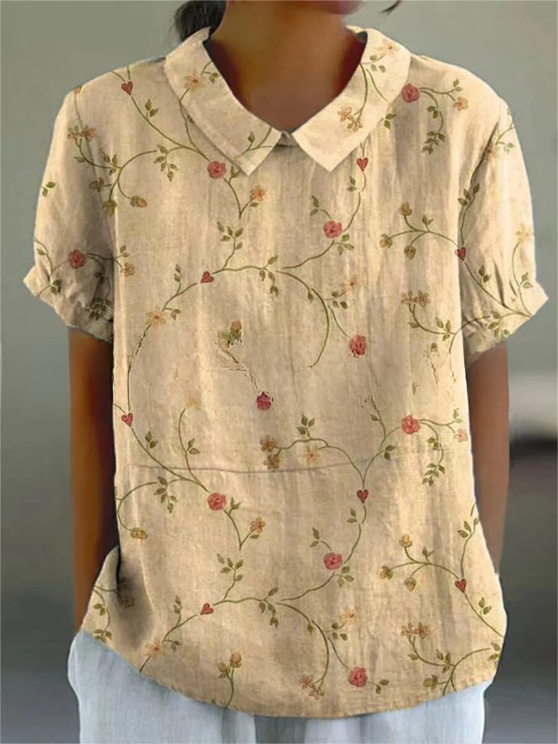 Women's Woven Blouse with Floral Pattern and V-Neck Collar