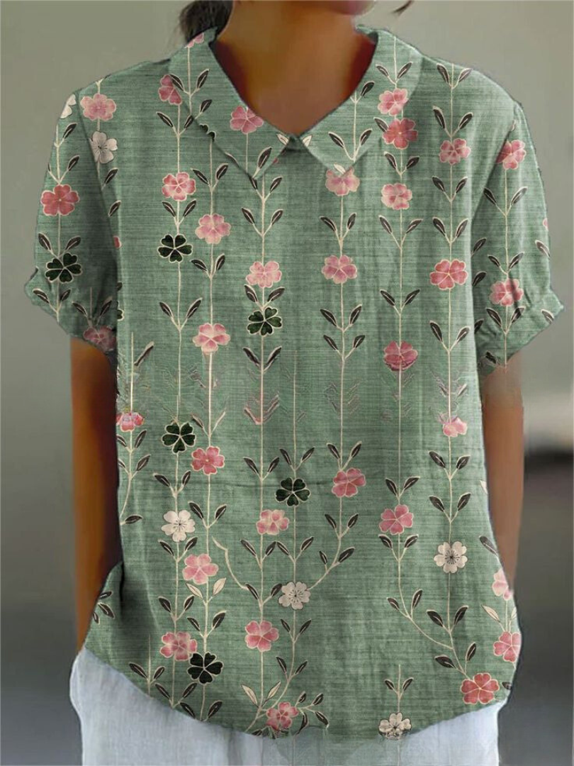 Women's Woven Blouse with Floral Pattern and V-Neck Collar