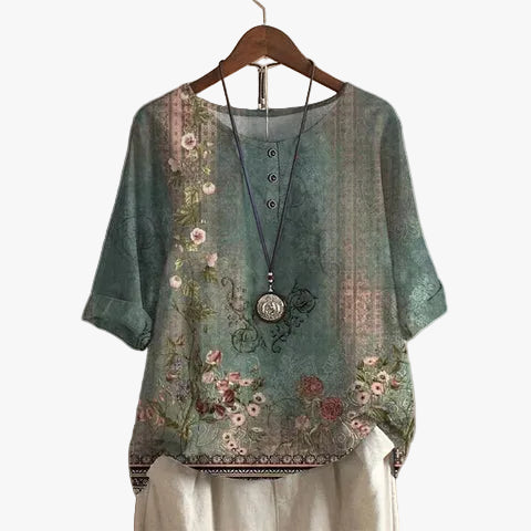 Women's Woven Blouse with Henley Placket and Cuffed Sleeves