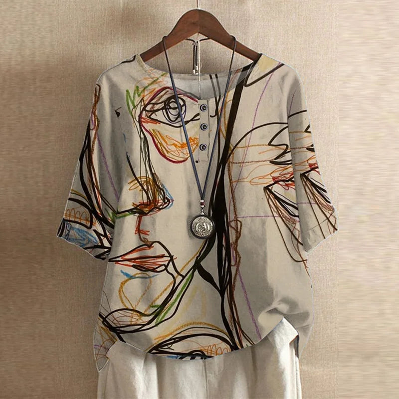 Women's Woven Blouse with Henley Placket and Cuffed Sleeves