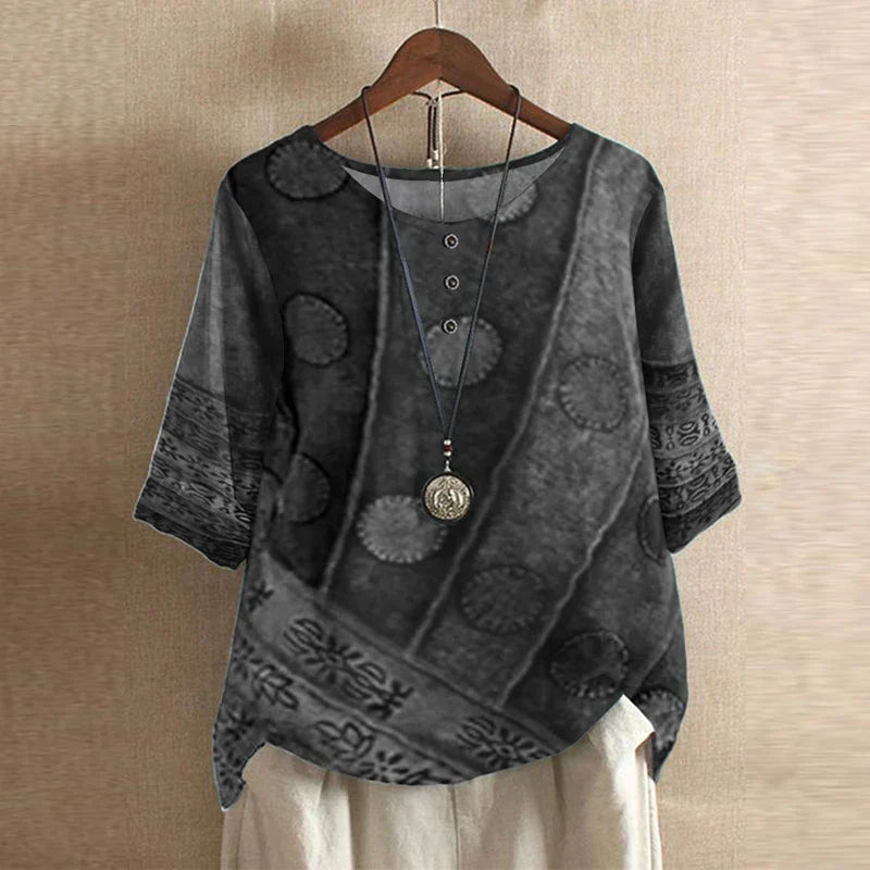 Women's Woven Blouse with Henley Placket and Cuffed Sleeves