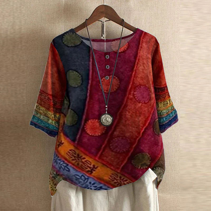 Women's Woven Blouse with Henley Placket and Cuffed Sleeves
