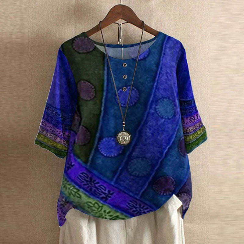 Women's Woven Blouse with Henley Placket and Cuffed Sleeves