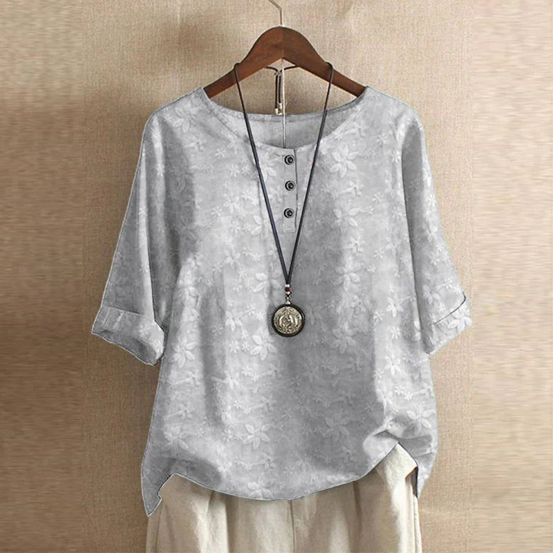 Women's Woven Blouse with Henley Placket and Cuffed Sleeves