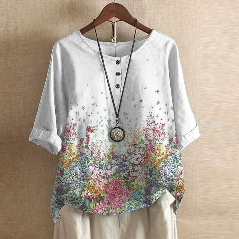 Women's Woven Blouse with Henley Placket and Cuffed Sleeves