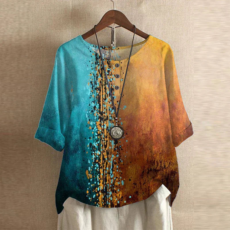 Women's Woven Blouse with Henley Placket and Cuffed Sleeves