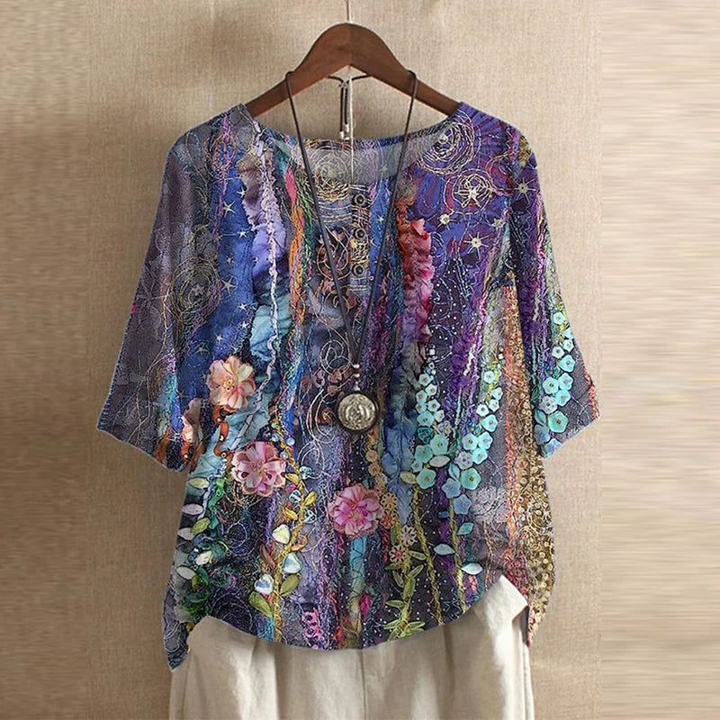 Women's Woven Blouse with Henley Placket and Cuffed Sleeves