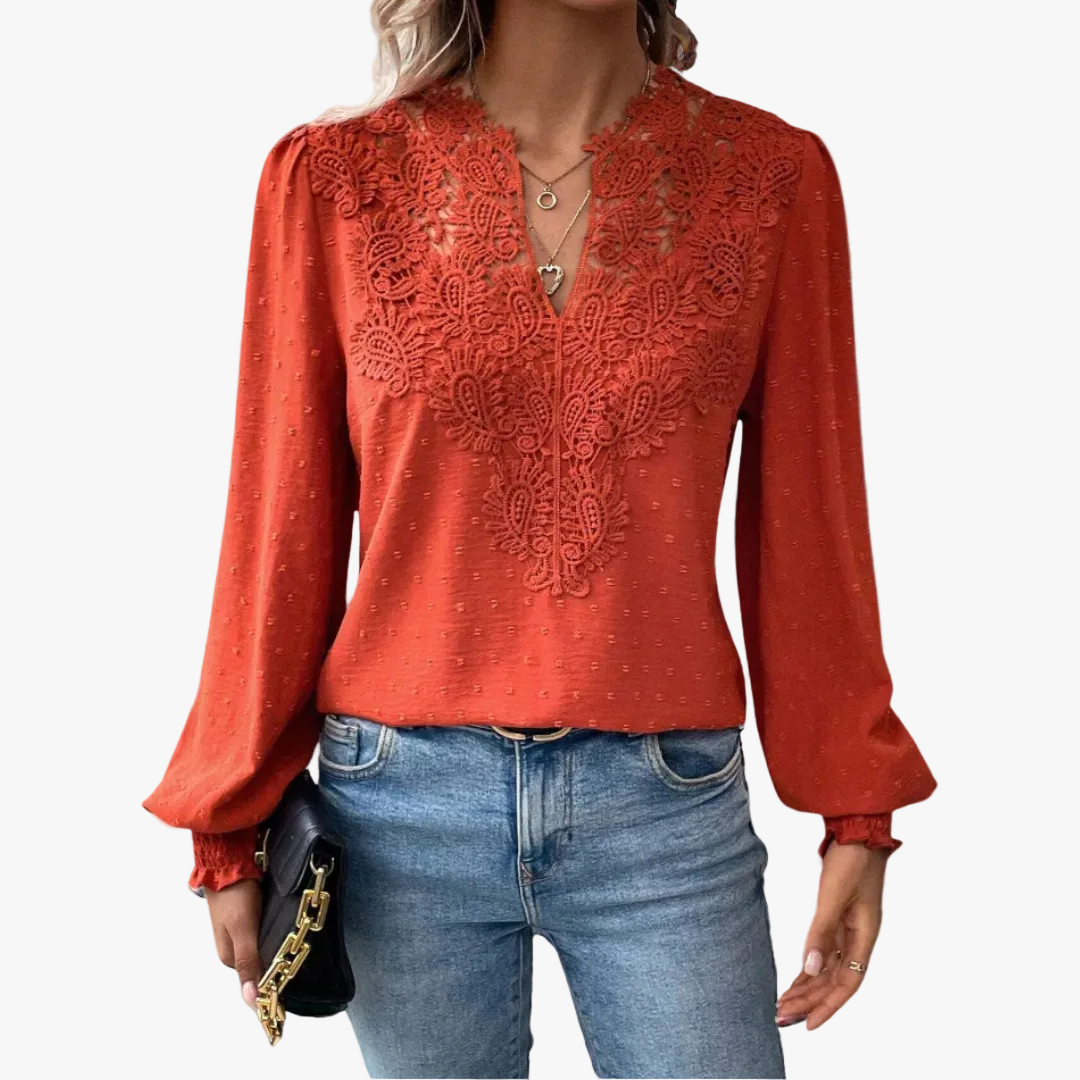 Women's Woven Blouse with Lace Yoke and Split Neck