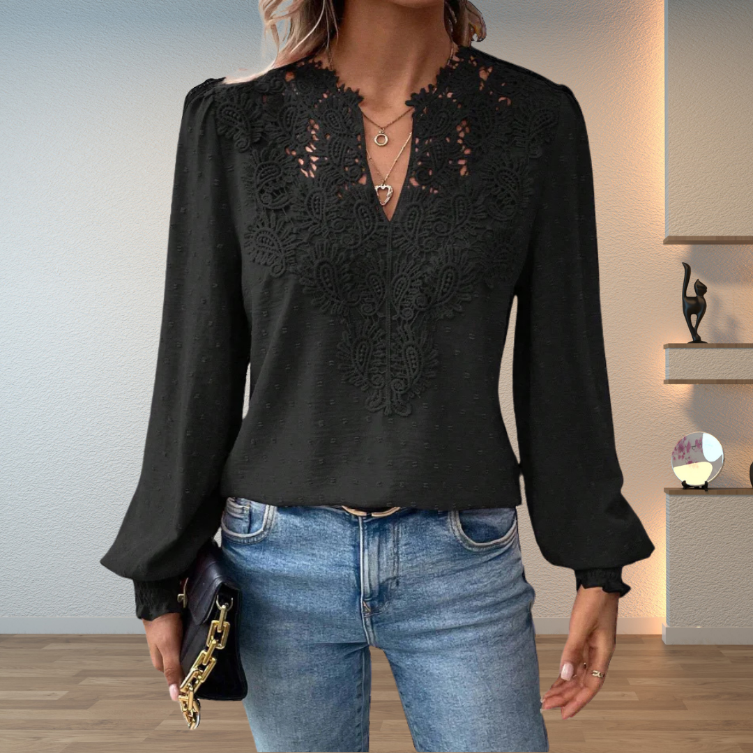 Women's Woven Blouse with Lace Yoke and Split Neck