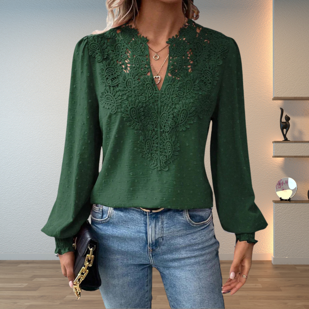 Women's Woven Blouse with Lace Yoke and Split Neck