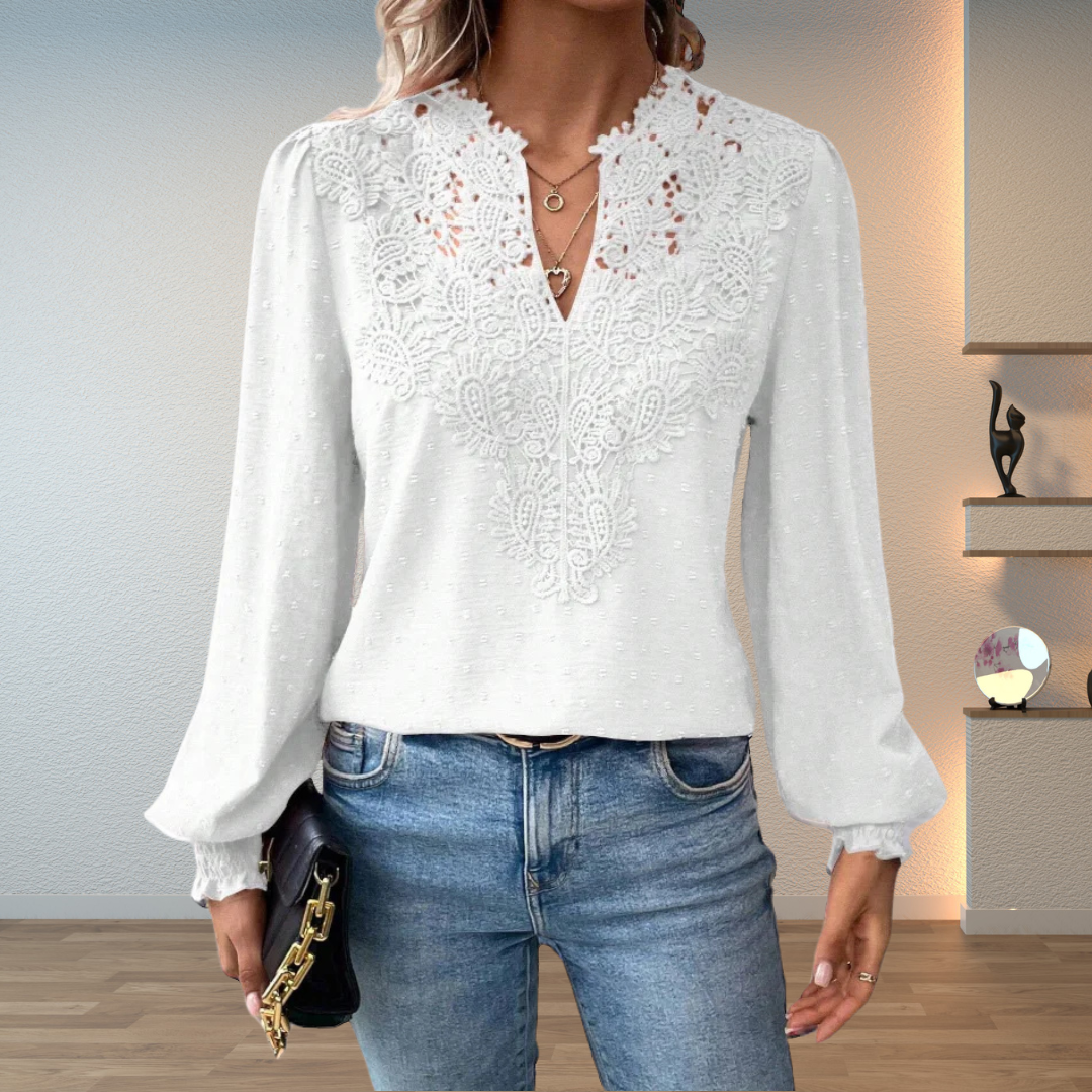 Women's Woven Blouse with Lace Yoke and Split Neck