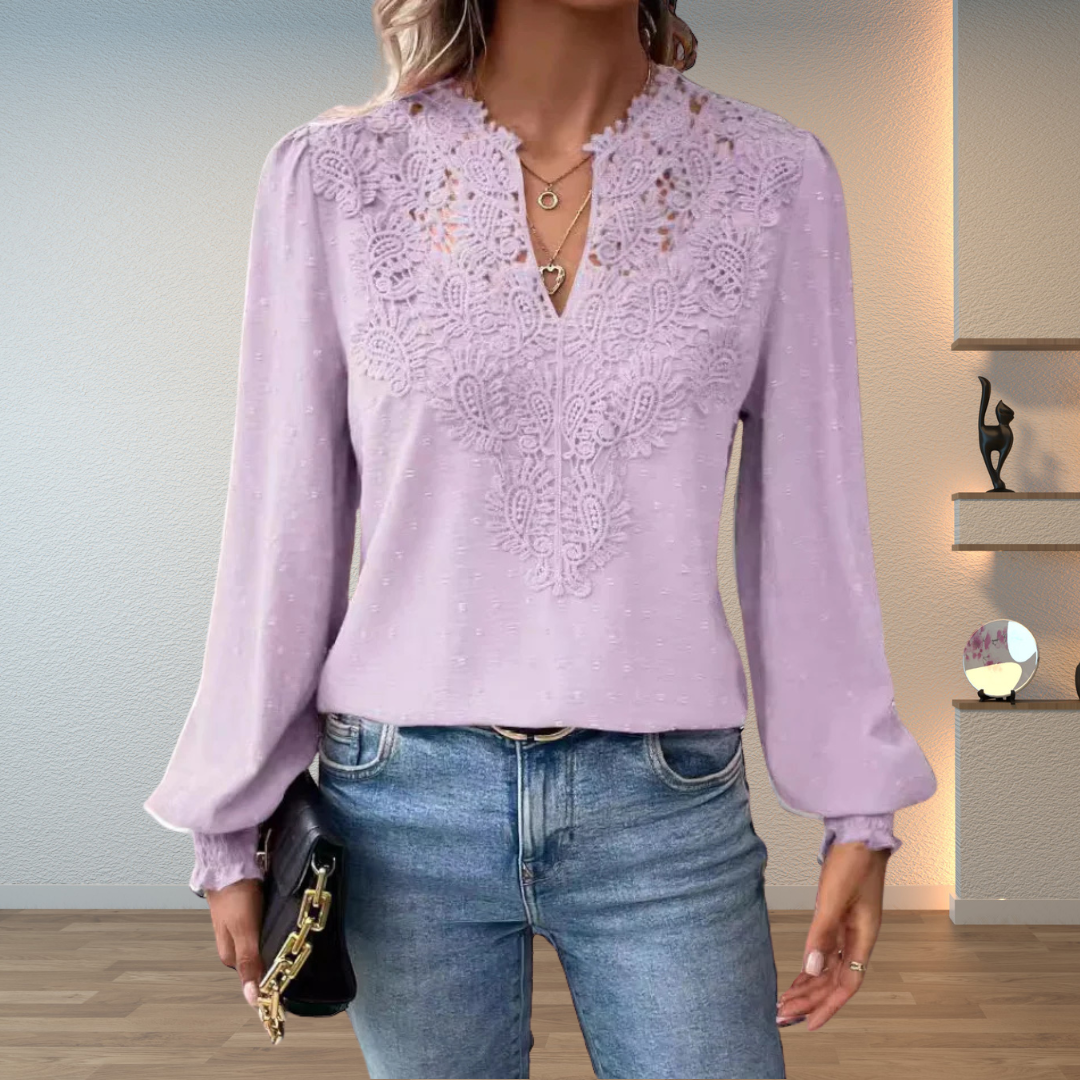 Women's Woven Blouse with Lace Yoke and Split Neck