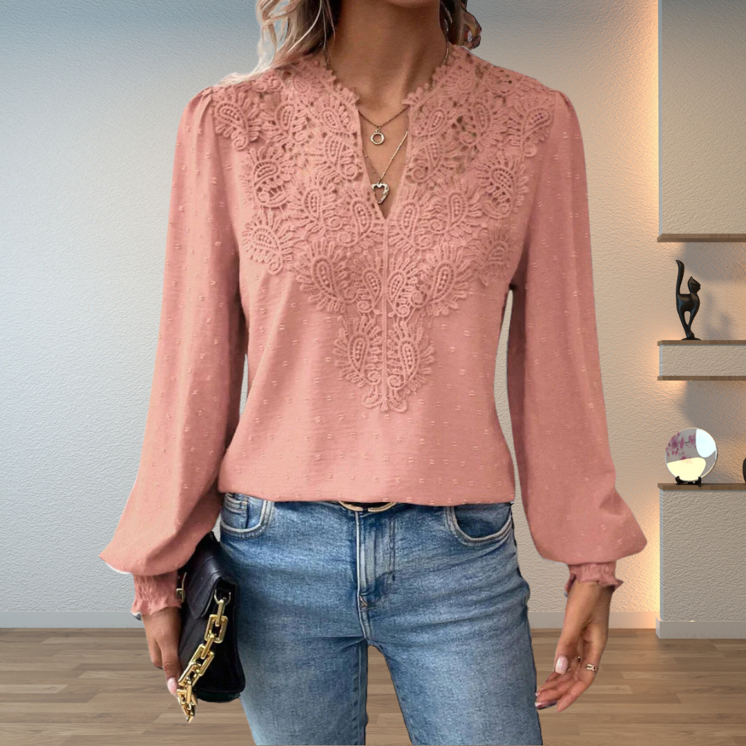 Women's Woven Blouse with Lace Yoke and Split Neck