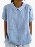 Women's Woven Blouse with Rounded Collar and Pleated Cuffs