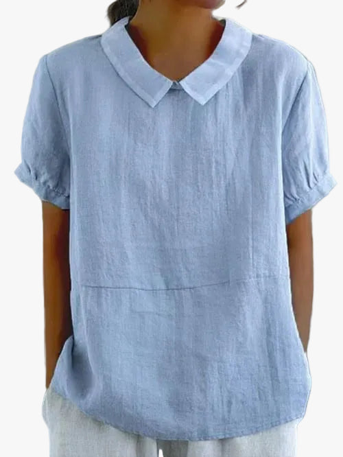 Women's Woven Blouse with Rounded Collar and Pleated Cuffs