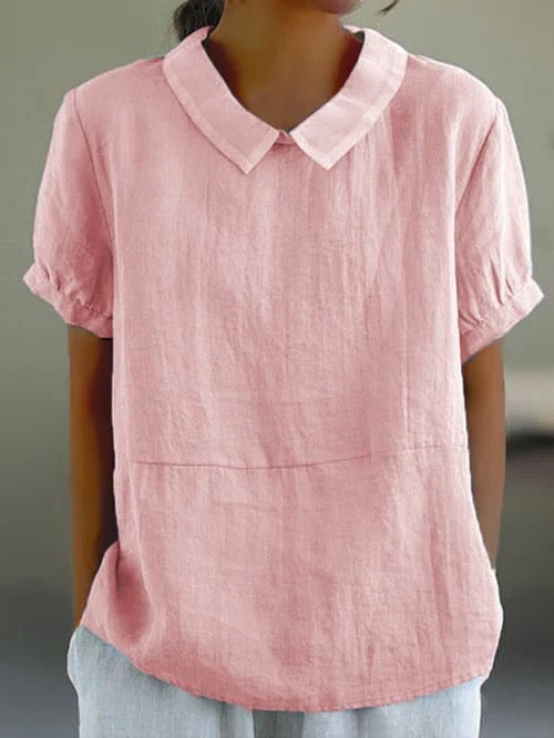 Women's Woven Blouse with Rounded Collar and Pleated Cuffs