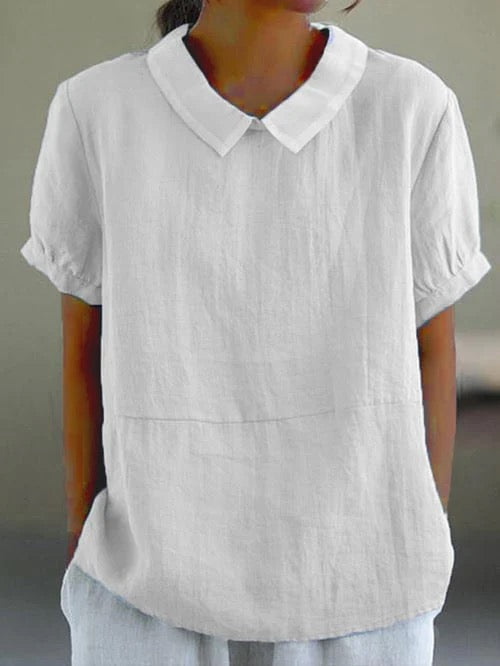 Women's Woven Blouse with Rounded Collar and Pleated Cuffs