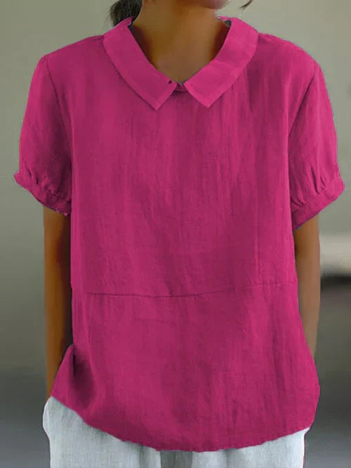 Women's Woven Blouse with Rounded Collar and Pleated Cuffs