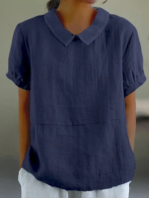 Women's Woven Blouse with Rounded Collar and Pleated Cuffs