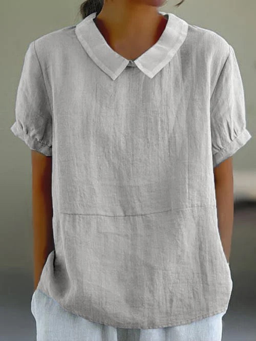 Women's Woven Blouse with Rounded Collar and Pleated Cuffs