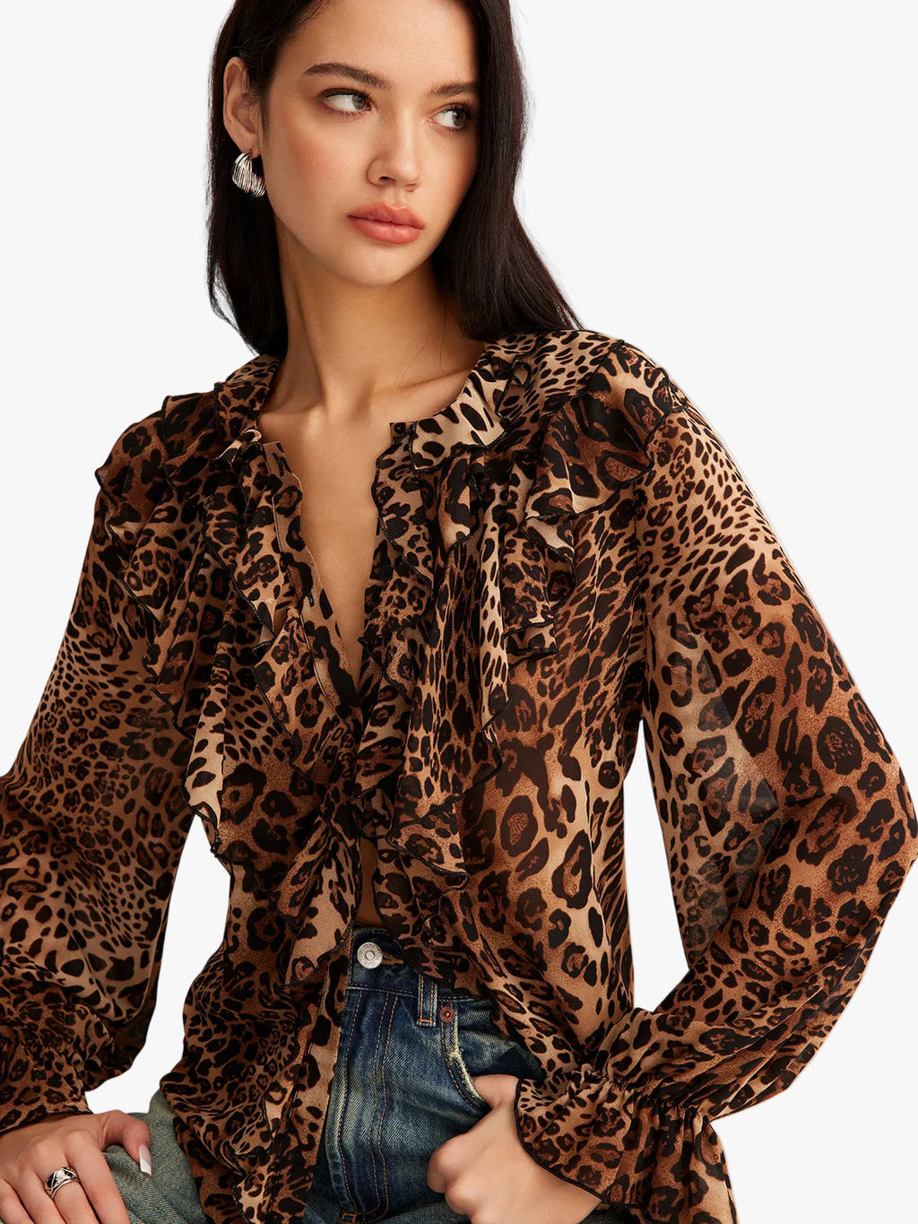 Women's Woven Blouse with Ruffle V Neck and Tie Front
