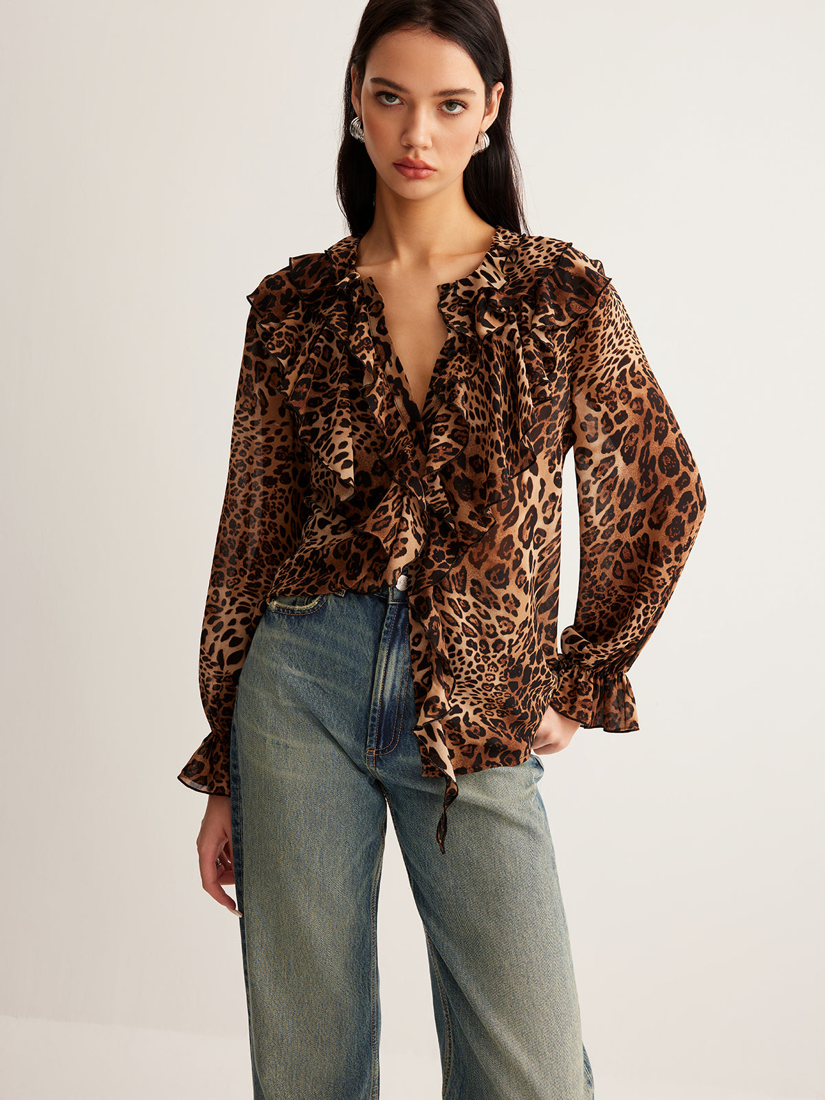 Women's Woven Blouse with Ruffle V Neck and Tie Front