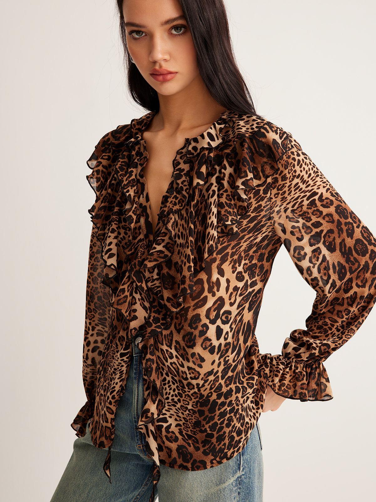 Women's Woven Blouse with Ruffle V Neck and Tie Front