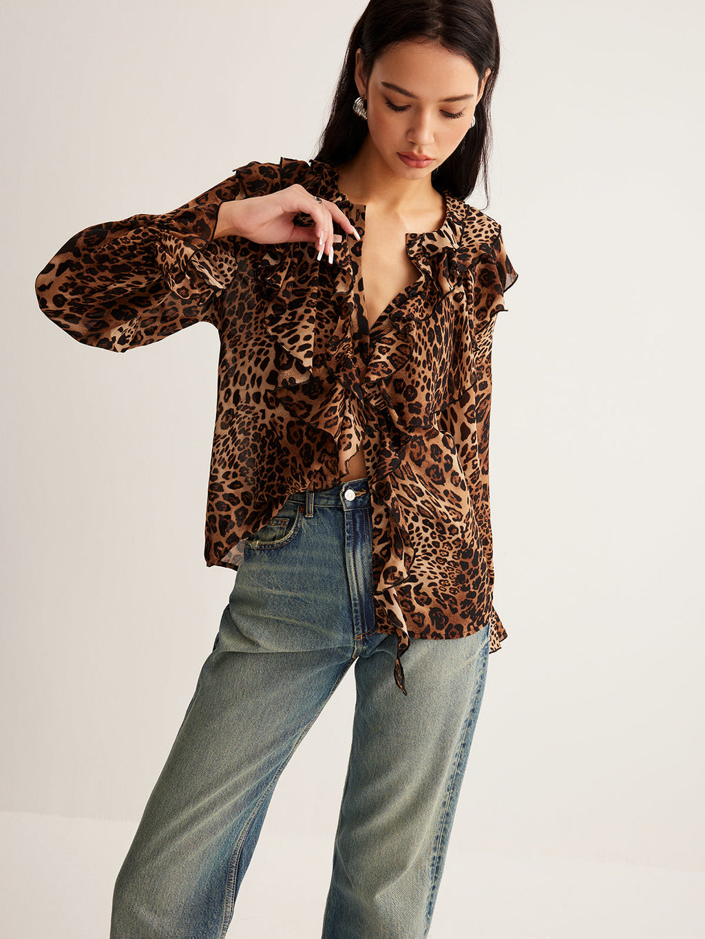 Women's Woven Blouse with Ruffle V Neck and Tie Front