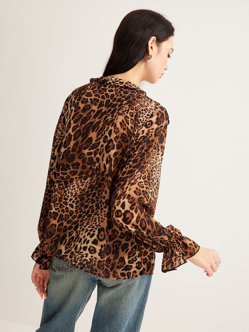Women's Woven Blouse with Ruffle V Neck and Tie Front
