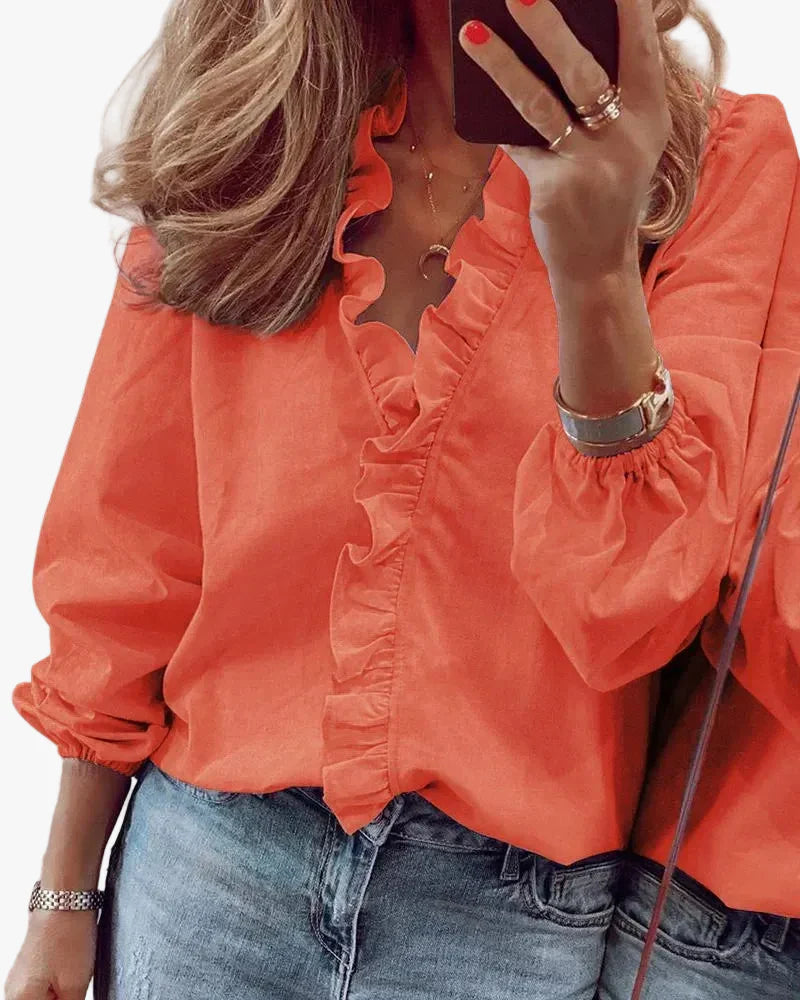Women's Woven Blouse with Ruffled V Neck and Gathered Cuffs