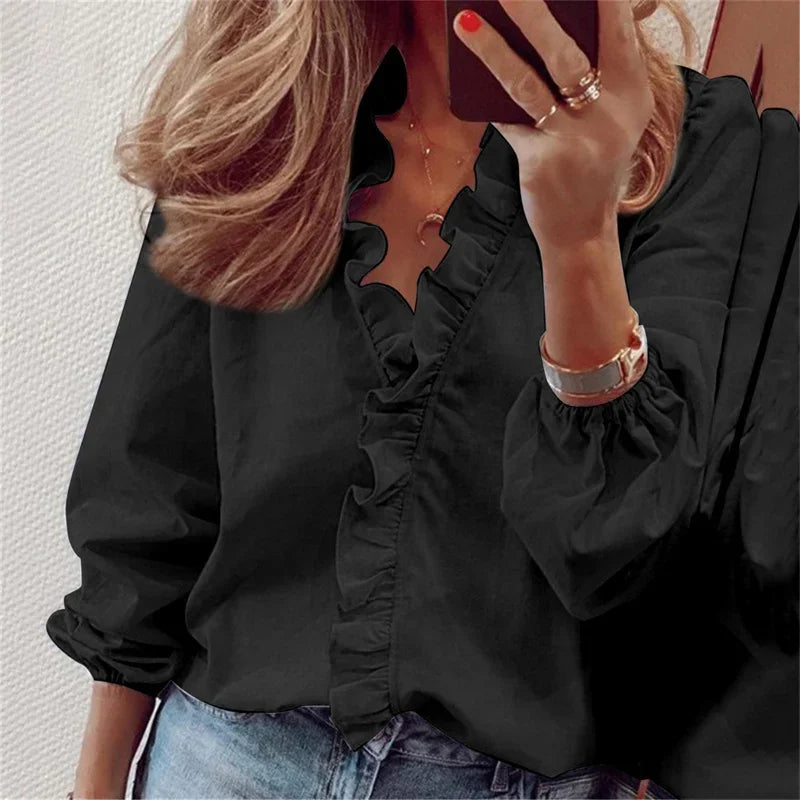 Women's Woven Blouse with Ruffled V Neck and Gathered Cuffs