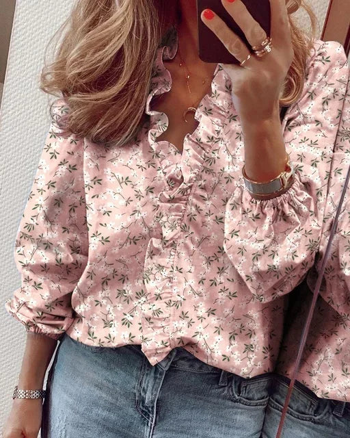 Women's Woven Blouse with Ruffled V Neck and Gathered Cuffs