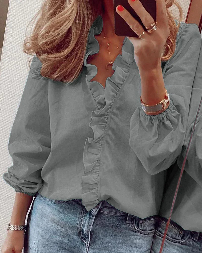 Women's Woven Blouse with Ruffled V Neck and Gathered Cuffs