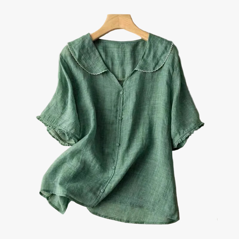 Women's Woven Blouse with Scalloped Collar and Button Front