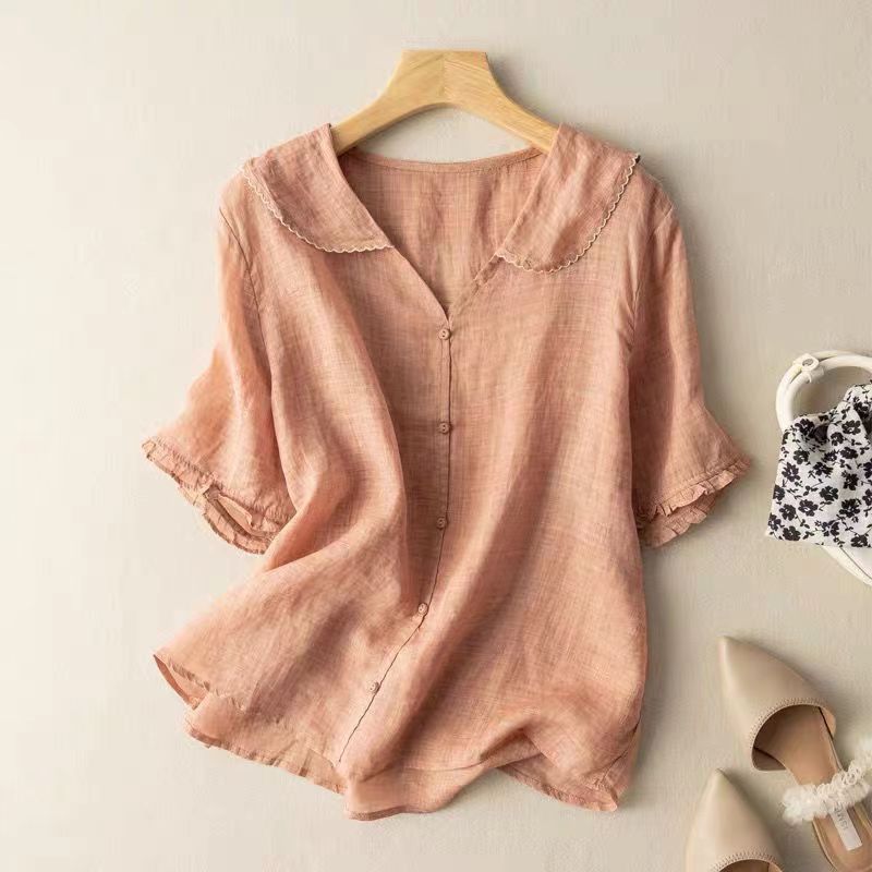 Women's Woven Blouse with Scalloped Collar and Button Front