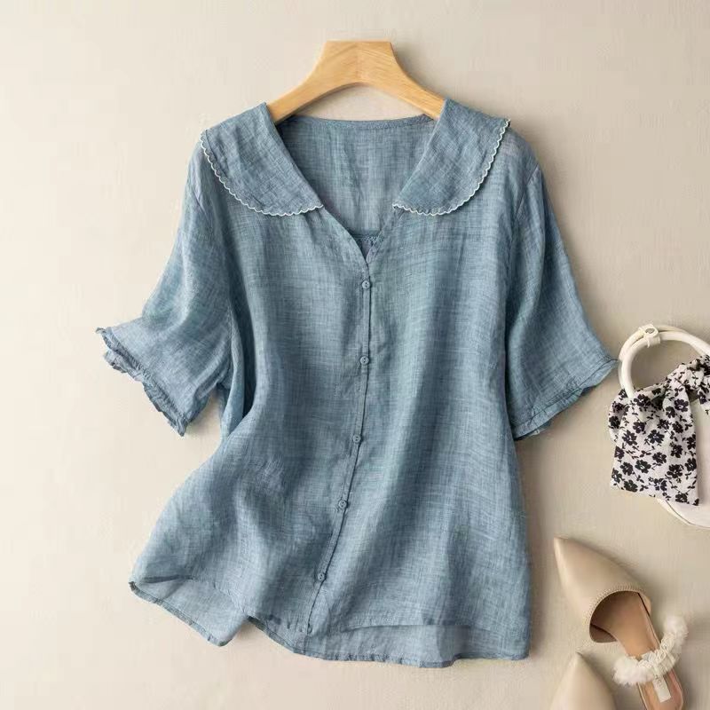 Women's Woven Blouse with Scalloped Collar and Button Front