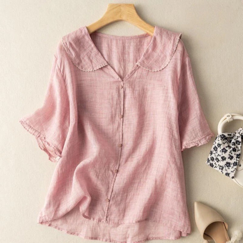 Women's Woven Blouse with Scalloped Collar and Button Front