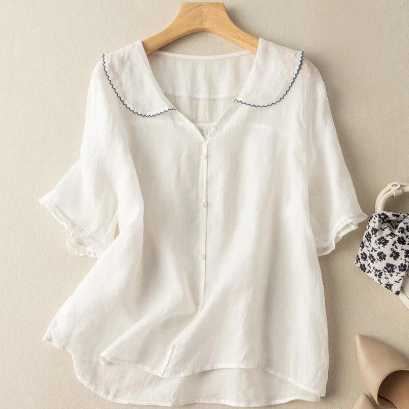 Women's Woven Blouse with Scalloped Collar and Button Front