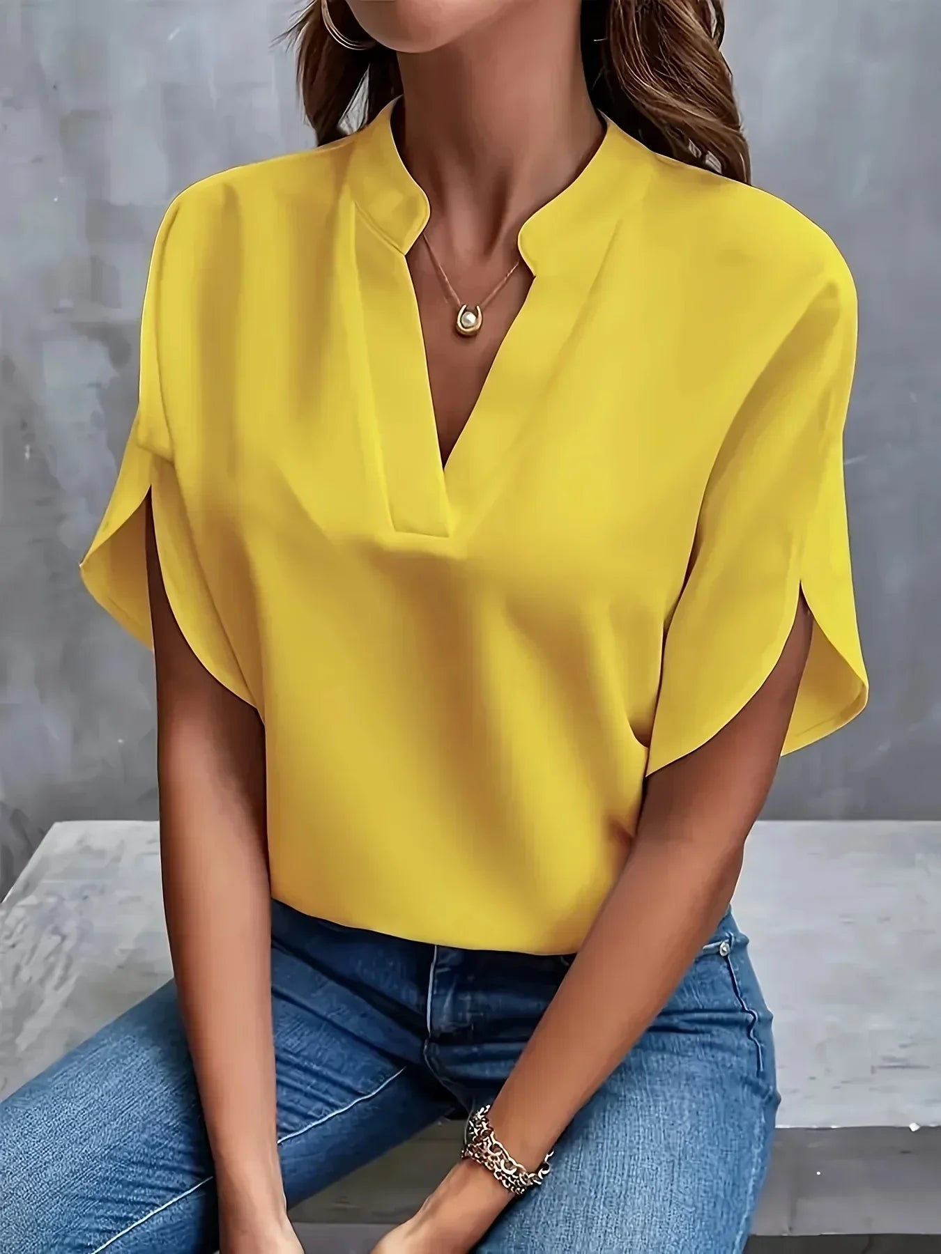 Women's Woven Blouse with Split Neck and Slit Flutter Sleeves