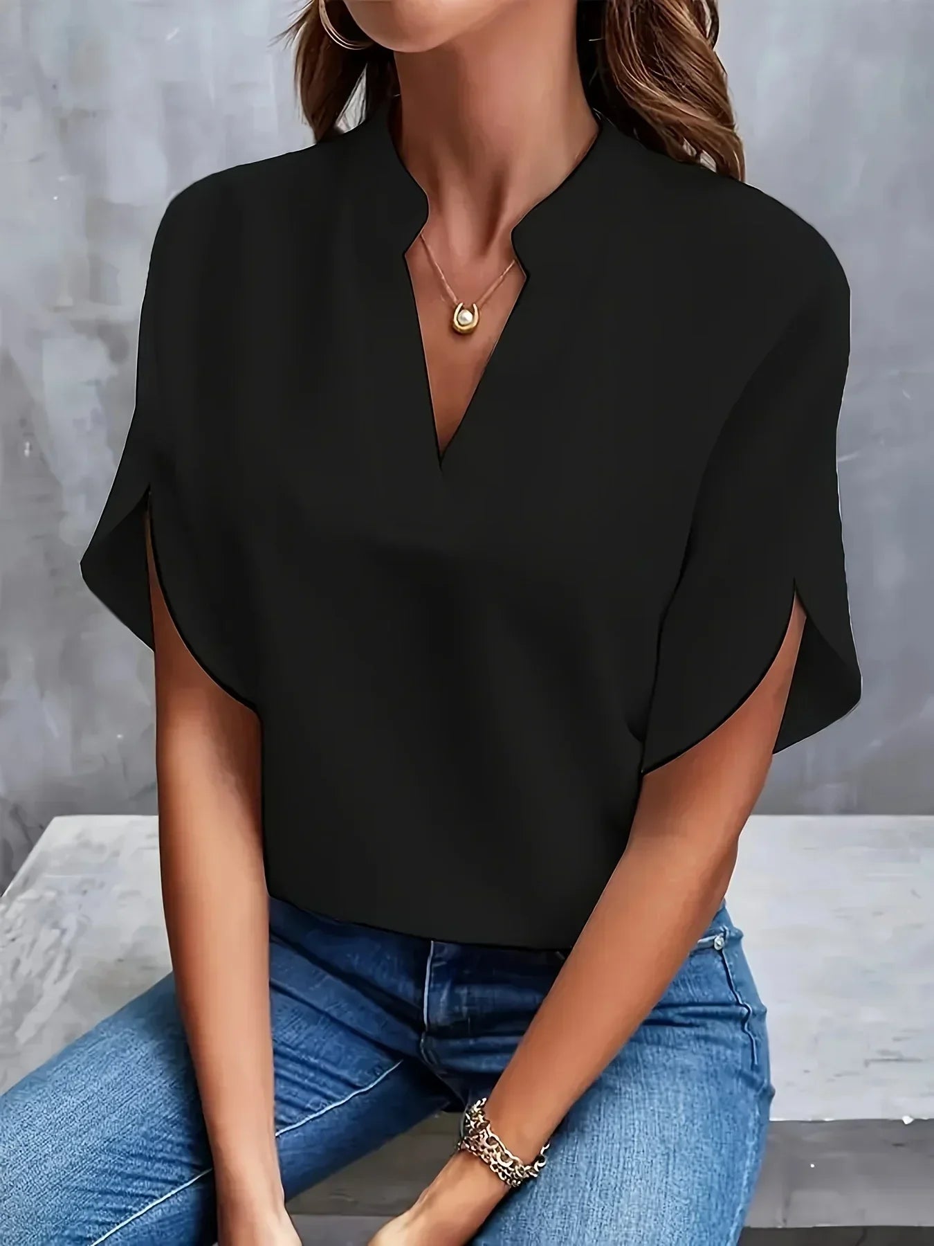 Women's Woven Blouse with Split Neck and Slit Flutter Sleeves
