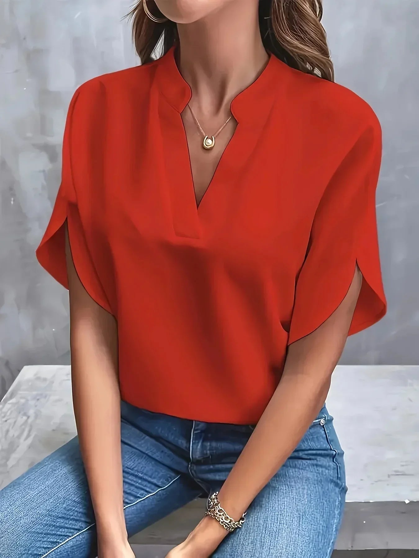 Women's Woven Blouse with Split Neck and Slit Flutter Sleeves