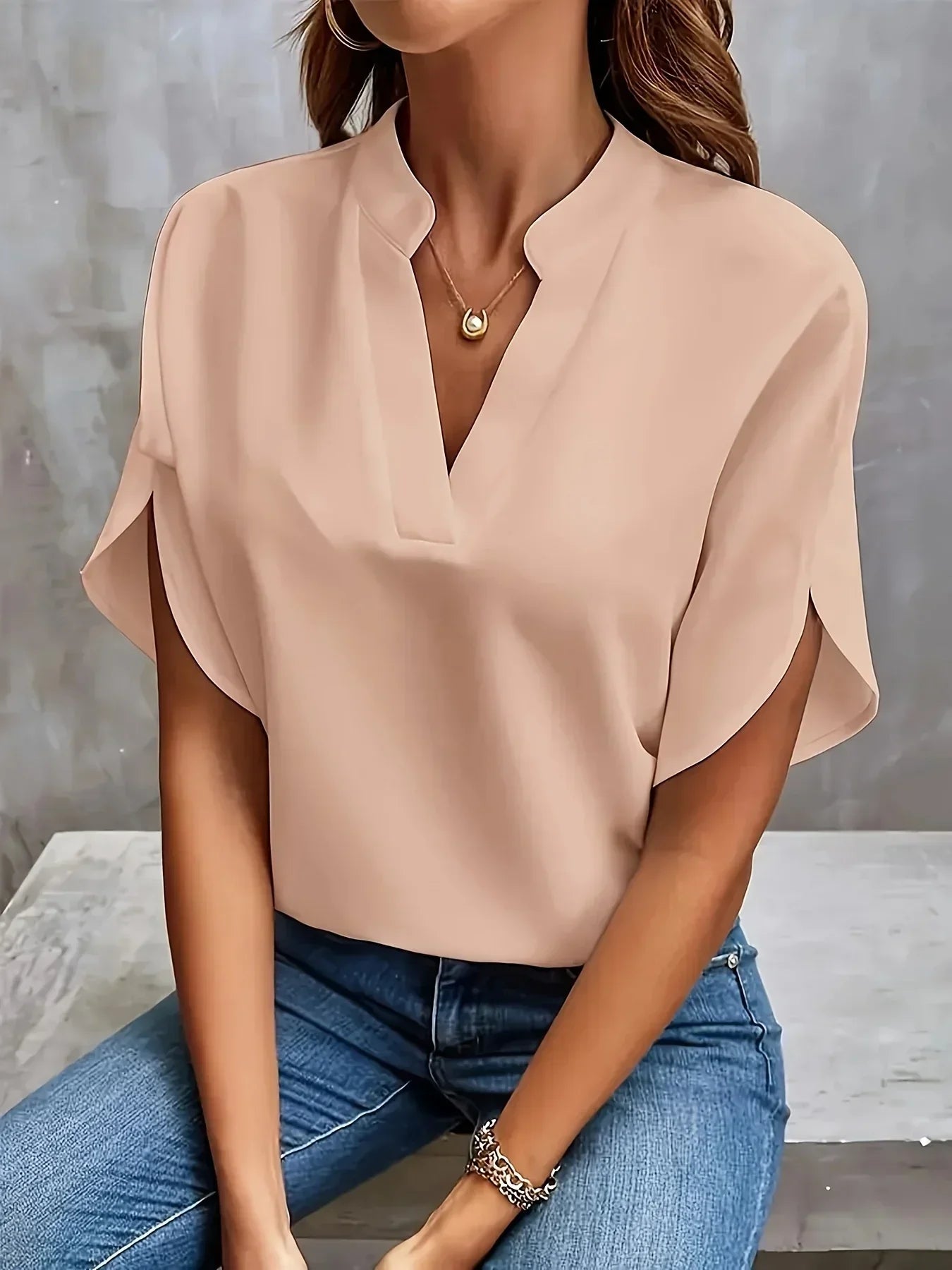 Women's Woven Blouse with Split Neck and Slit Flutter Sleeves