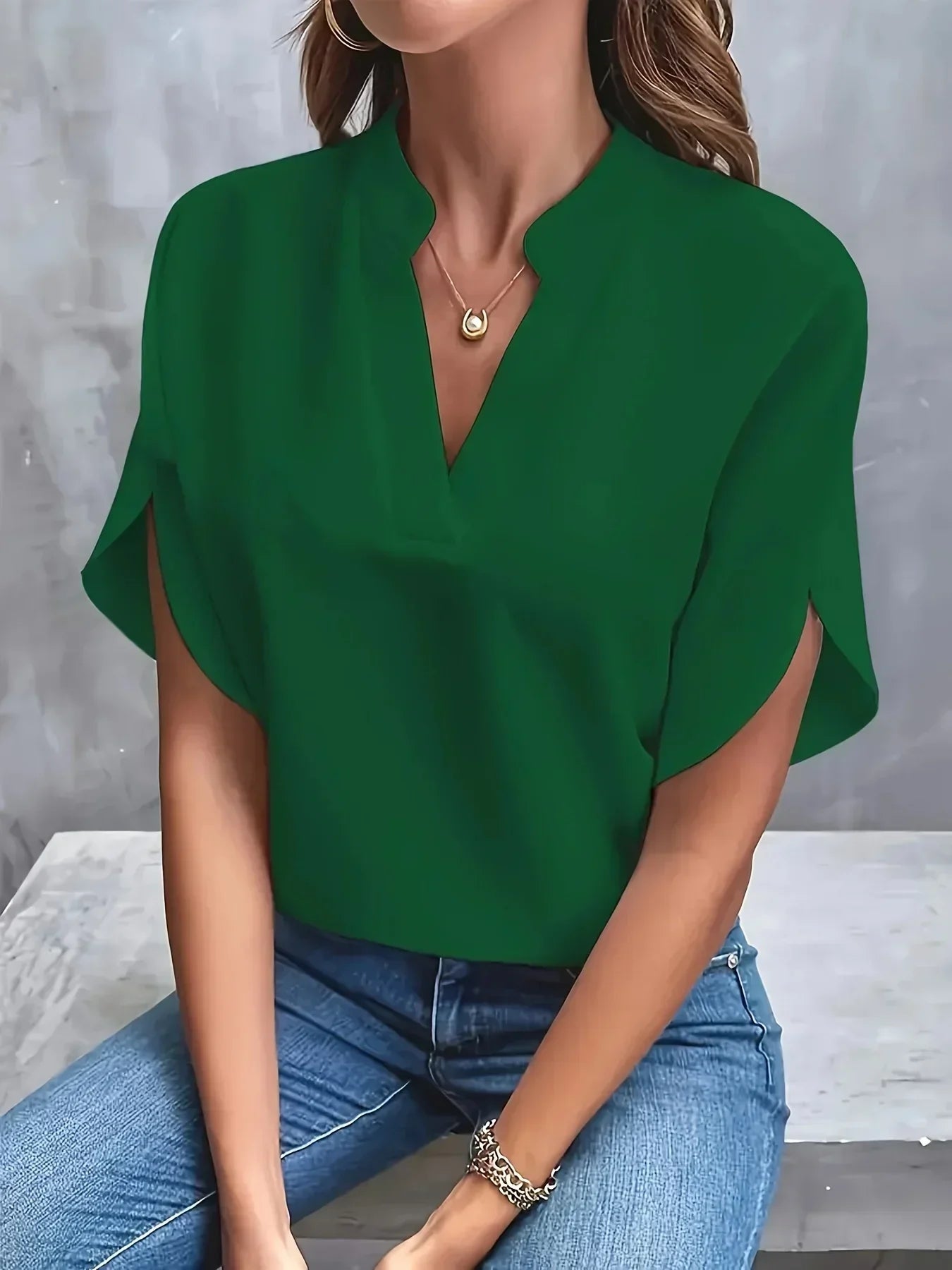 Women's Woven Blouse with Split Neck and Slit Flutter Sleeves