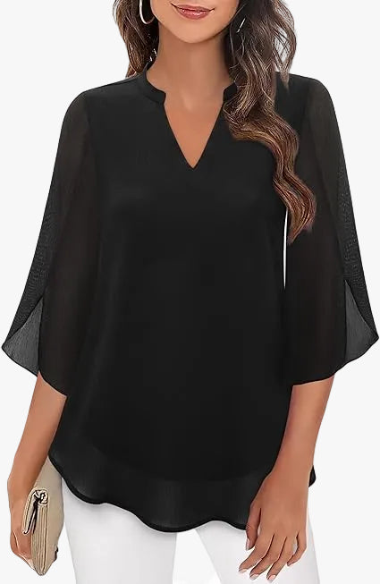 Women's Woven Blouse with Split Neck and Slit Sleeves