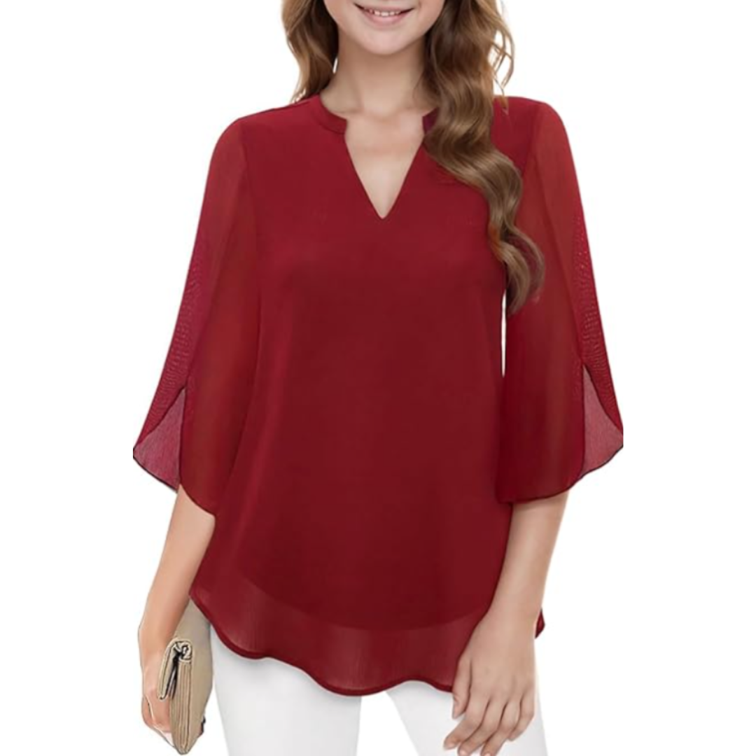 Women's Woven Blouse with Split Neck and Slit Sleeves