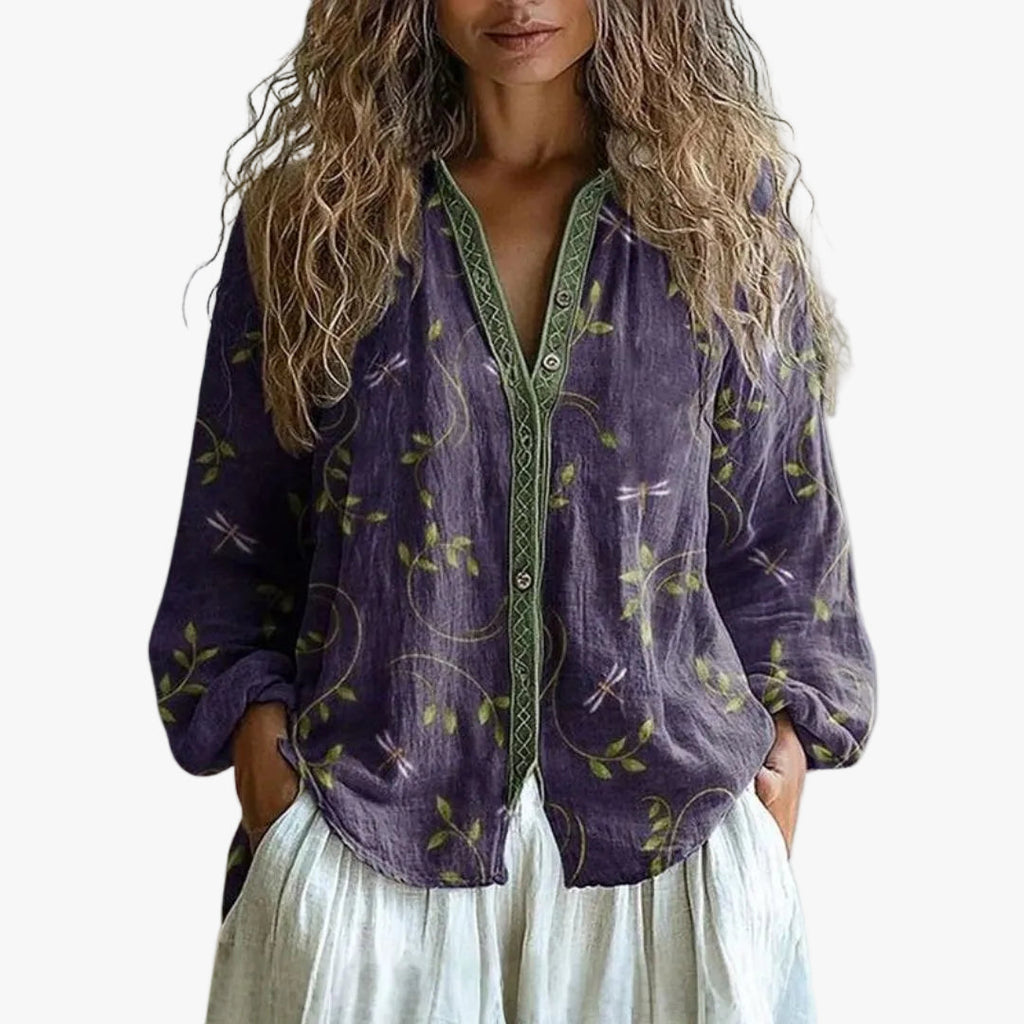 Women's Woven Blouse with Split V Neck and Button Placket