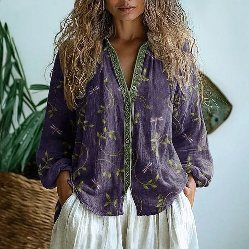 Women's Woven Blouse with Split V Neck and Button Placket