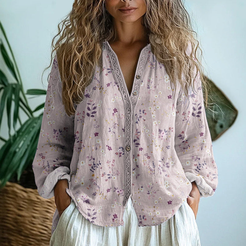 Women's Woven Blouse with Split V Neck and Button Placket