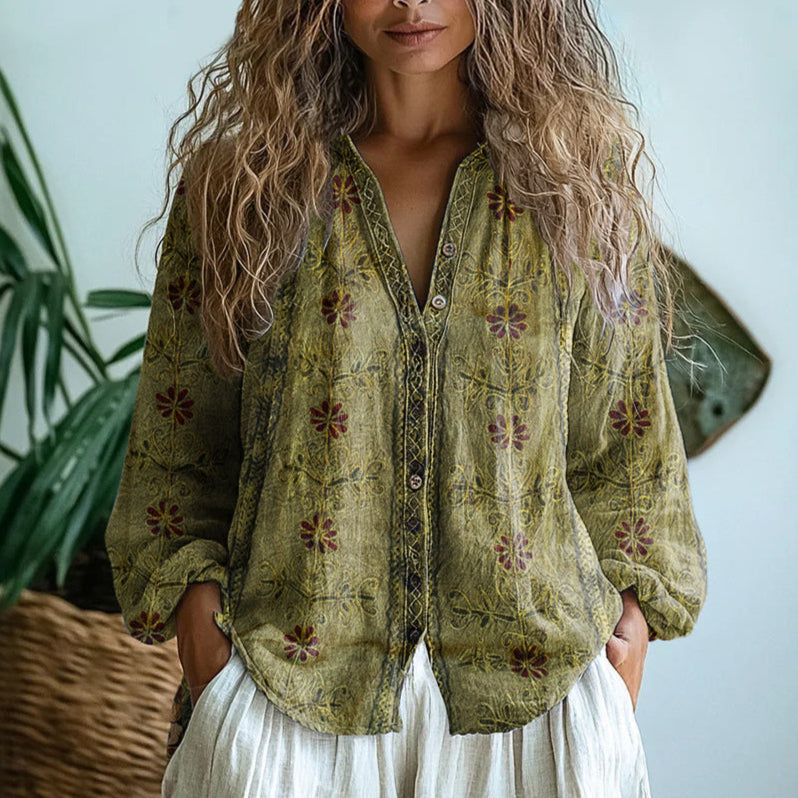Women's Woven Blouse with Split V Neck and Button Placket