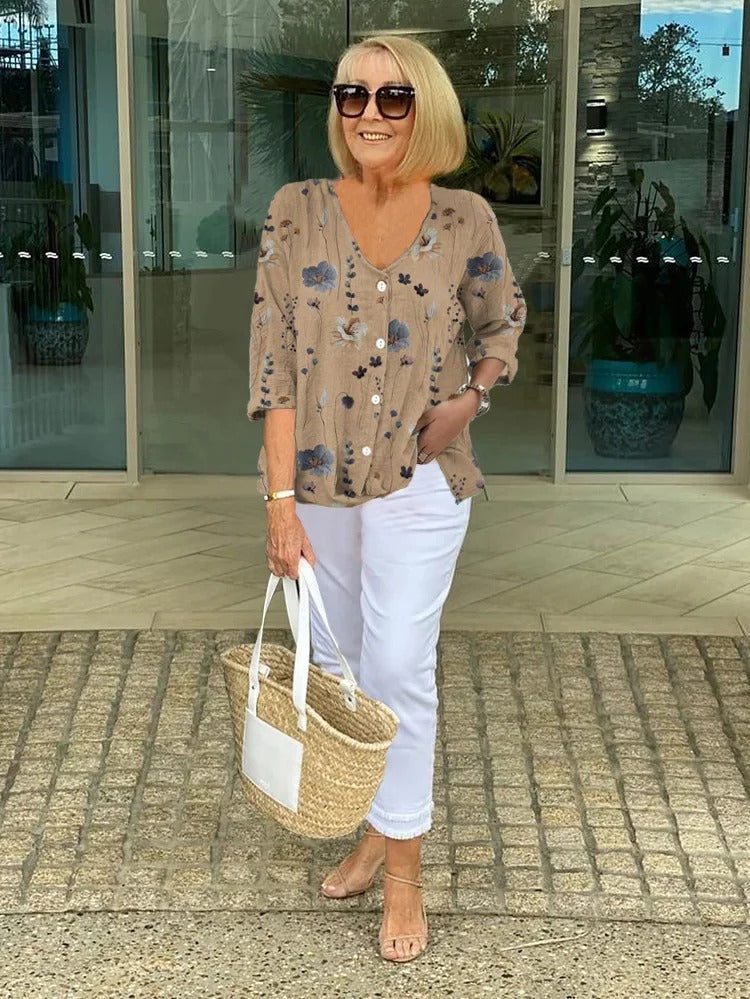 Women's Woven Blouse with V Neck and Button Front